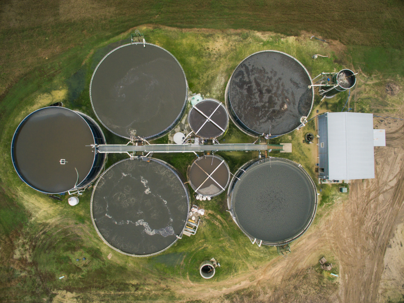 Aerial view of a wastewater treatment plant.